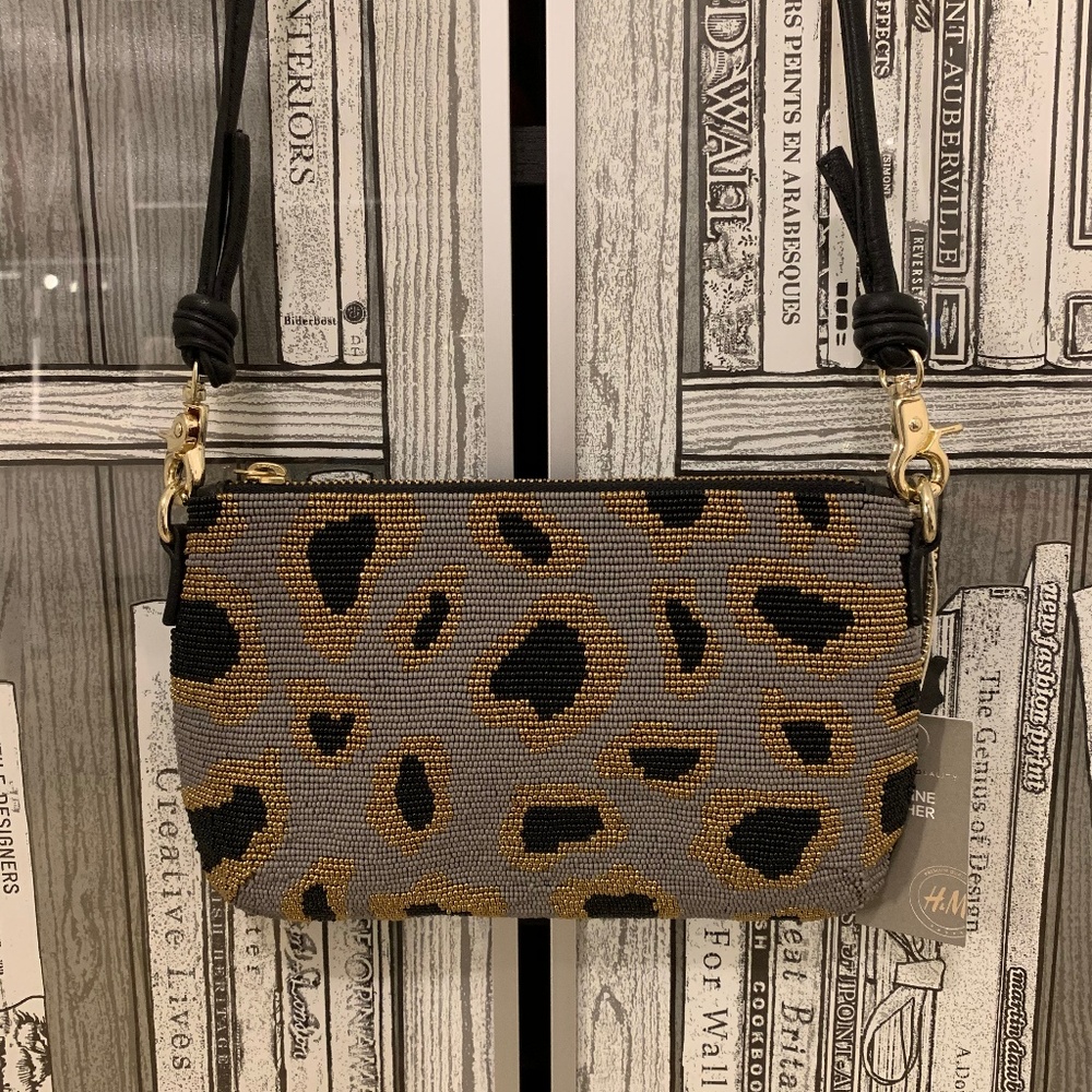 New hm Leather Beaded Leopard Crossbody Bag Purse